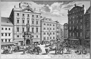 Ansicht des Stock-im-Eisen-Platzes, Wien, graviert von Karl Remshard (1678-1735)